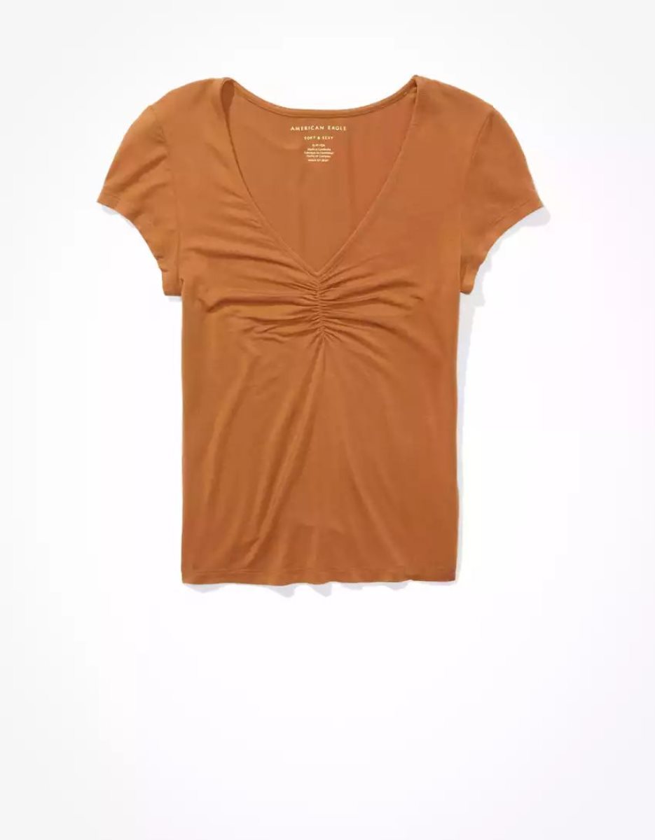 T Shirts American Eagle AE Soft & Sexy Cinch-Front Tee Marron Femme | PND-23937018